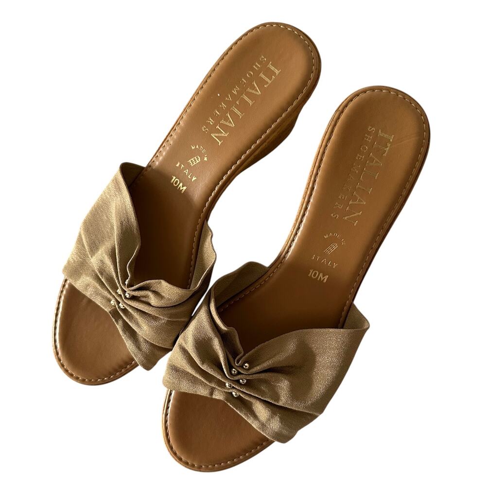 Italian comfort low wedge 10 stretch slides shoes neutral tan wedding guest heel